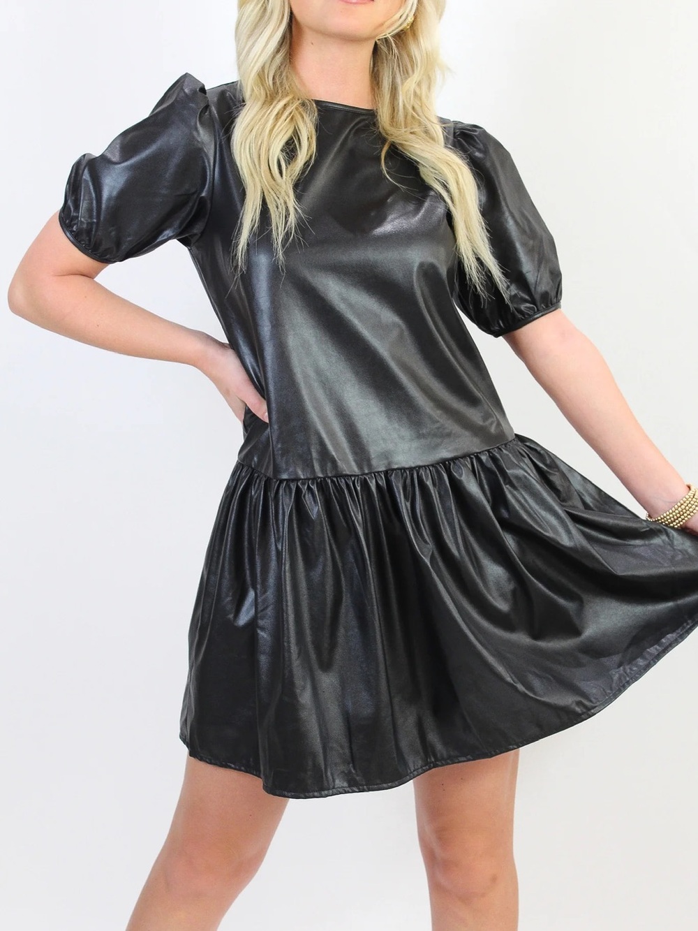 English Factory Black Leather Puff-Sleeve Tiered Mini Dress